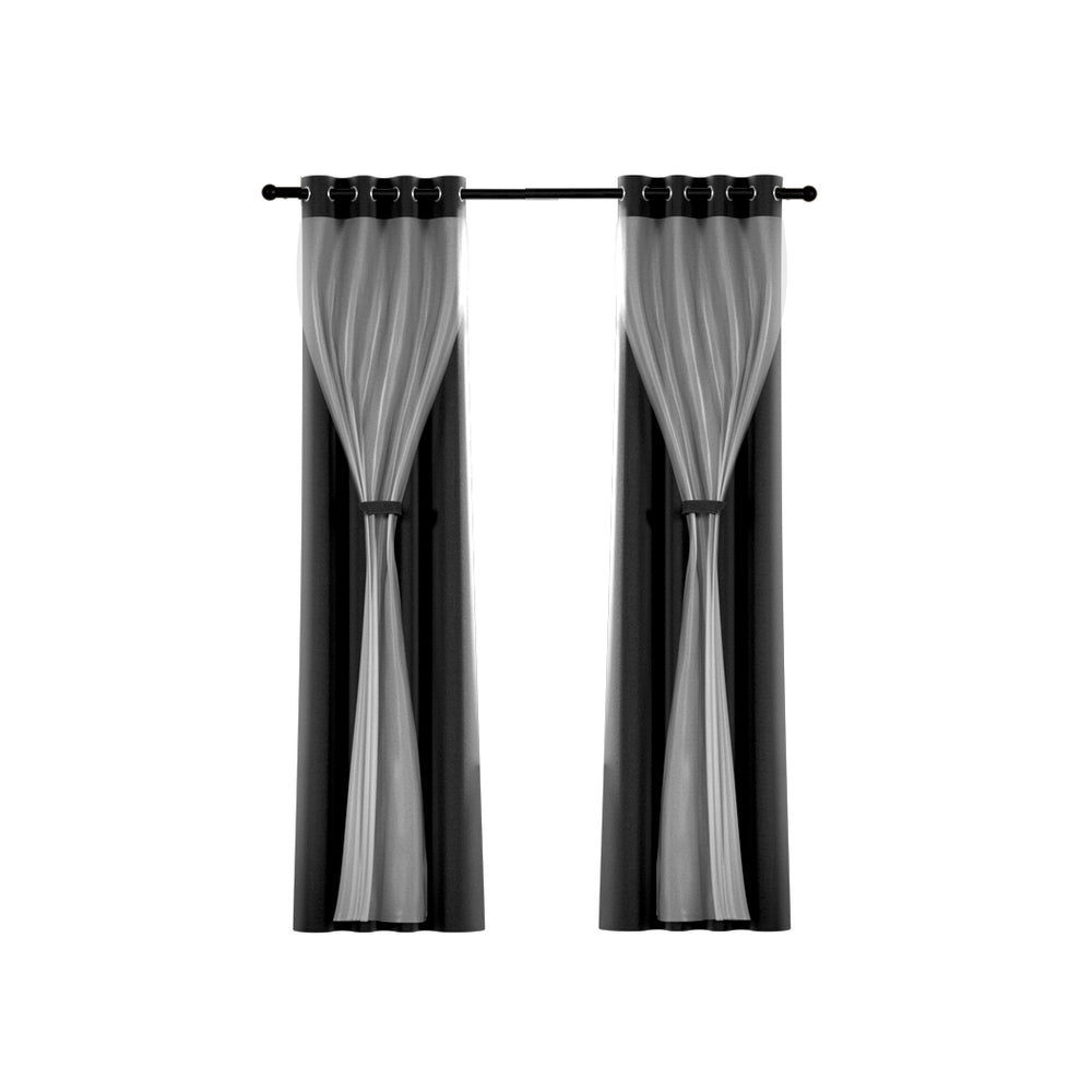 Set of 2 132x160cm Blockout Sheer Curtains Black