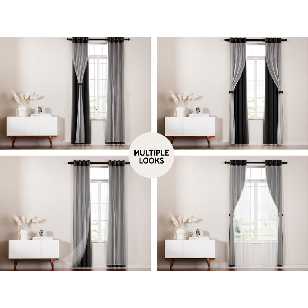 Set of 2 132x160cm Blockout Sheer Curtains Black