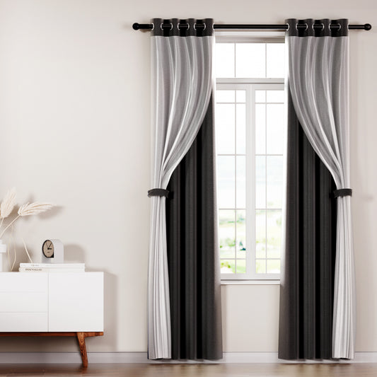 Set of 2 132x160cm Blockout Sheer Curtains Black