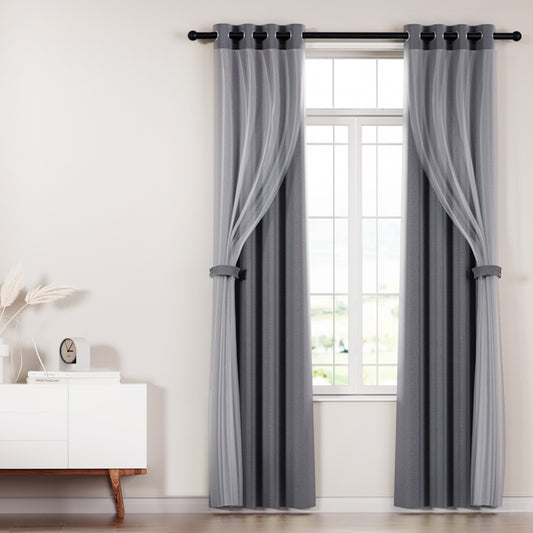 Set of 2 132x160cm Blockout Sheer Curtains Charcoal