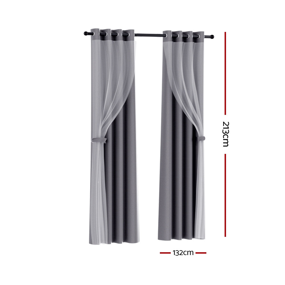 Set of 2 132x213cm Blockout Sheer Curtains Charcoal