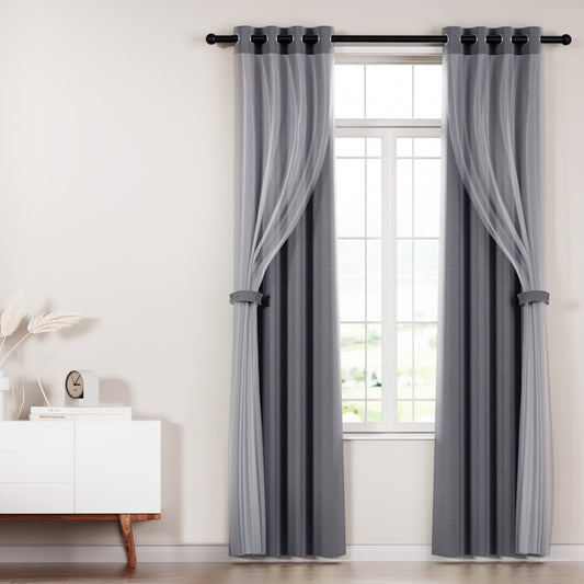 Set of 2 132x242cm Blockout Sheer Curtains Charcoal