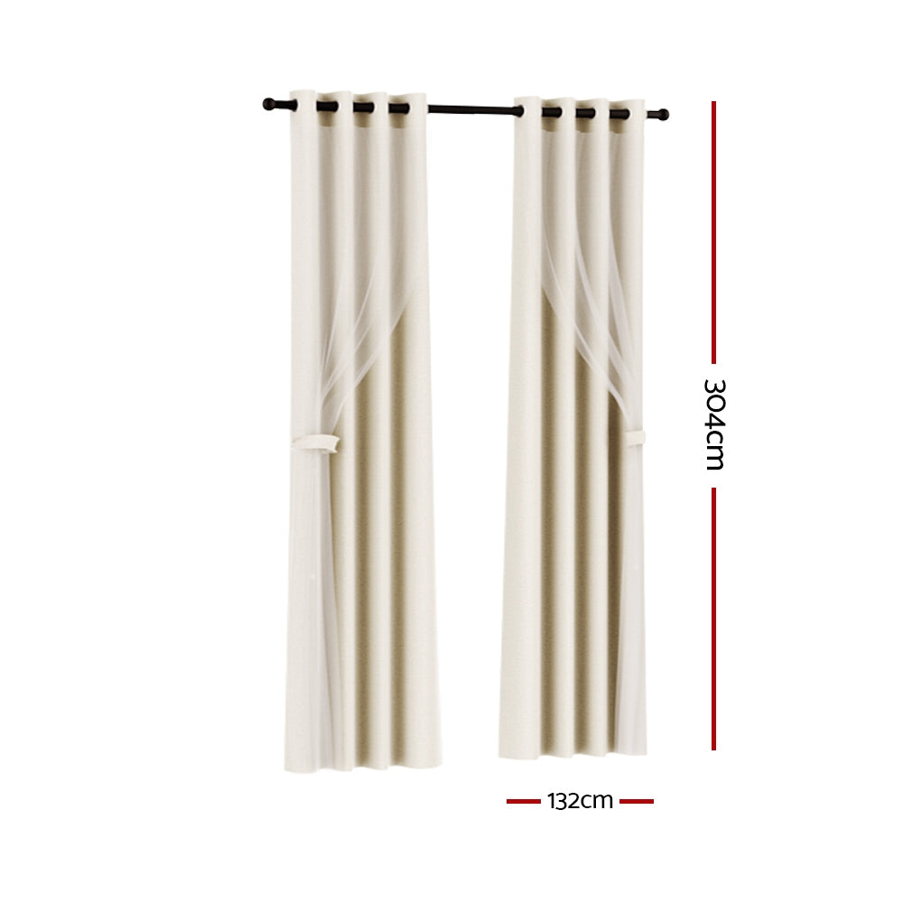Set of 2 132x304cm Blockout Sheer Curtains Beige