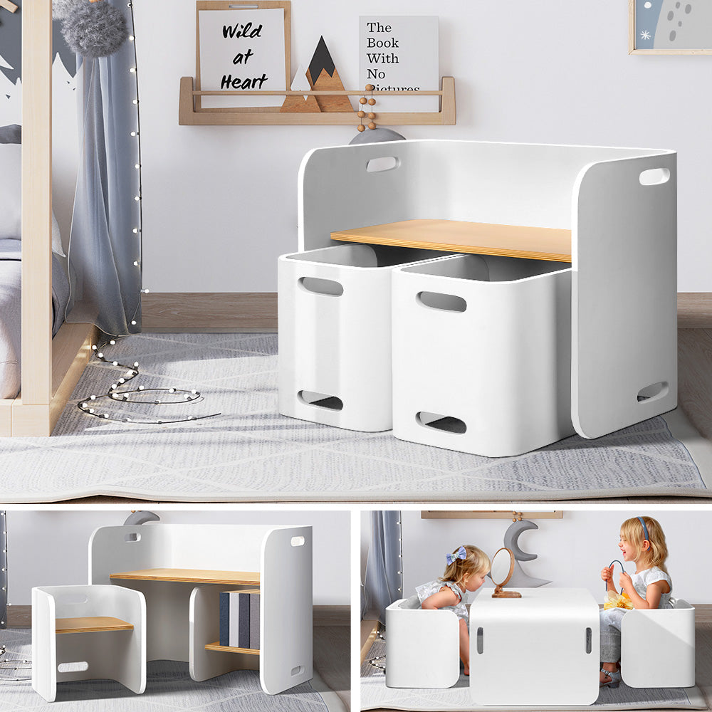 Pathy 3-Piece Kids Table & Chairs Set Nordic White Desk Activity Compact Children - White