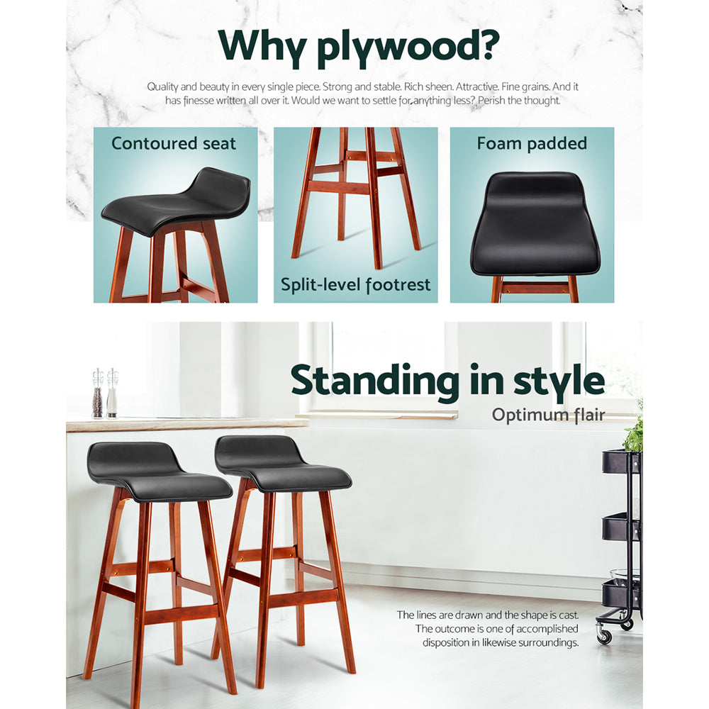 Set of 2 Geleen PU Leather Wood Wave Style Bar Stool - Black