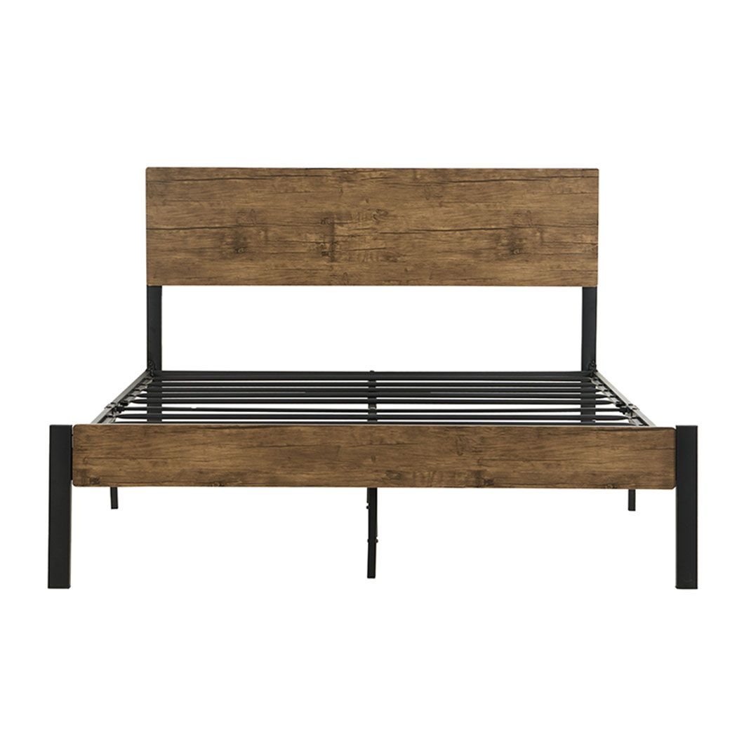 Ruden Metal Bed Frame Base Platform Wooden Headboard - Brown Queen