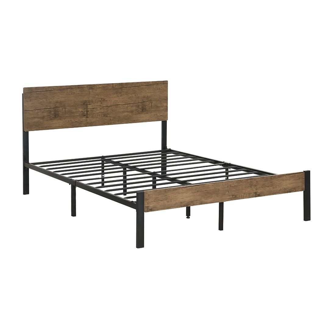 Ruden Metal Bed Frame Base Platform Wooden Headboard - Brown Queen