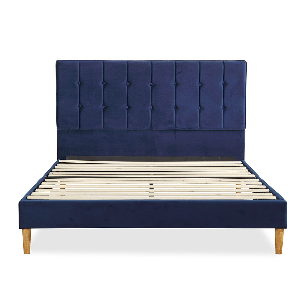 Venlo Bed Frame Base Platform Wooden Velvet with Headboard Blue - Queen