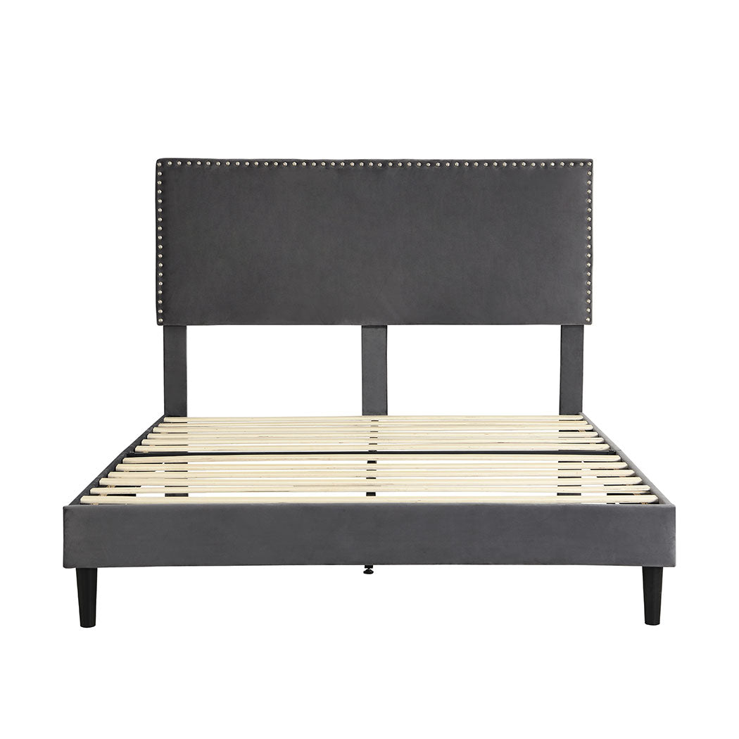 Velsen Bed Frame Base Platform Wooden Velvet with Headboard Grey - Queen