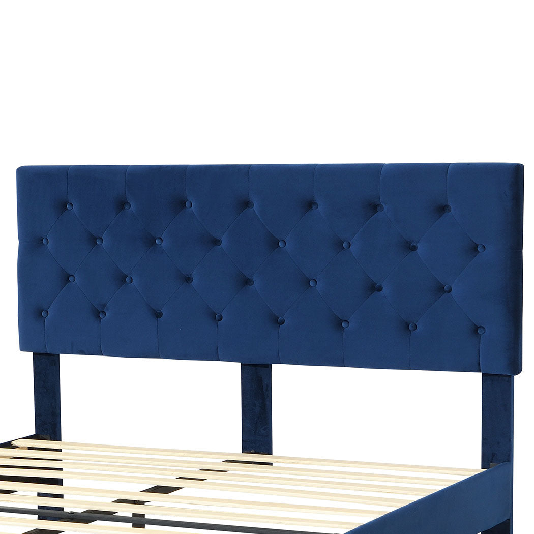 Assen Bed Frame Base Platform Wooden Velvet with Headboard Blue - Queen