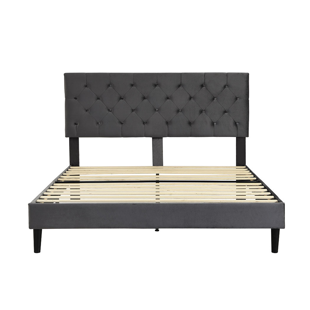 Assen Bed Frame Base Platform Wooden Velvet with Headboard Grey - Queen