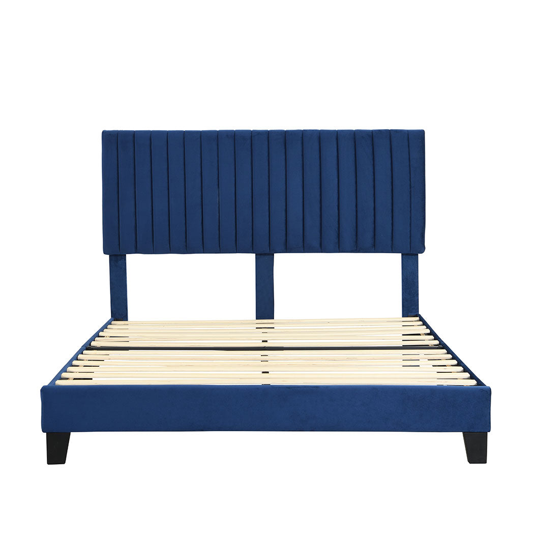 Cheyenne Bed Frame Base Platform Wooden Velvet with Headboard Blue - Queen