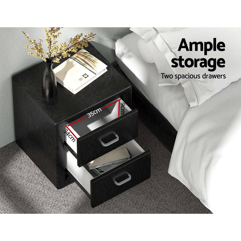 Kildonan PVC Leather Bedside Tables with 2 Drawers - Black