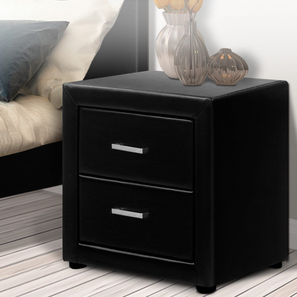 Kildonan PVC Leather Bedside Tables with 2 Drawers - Black