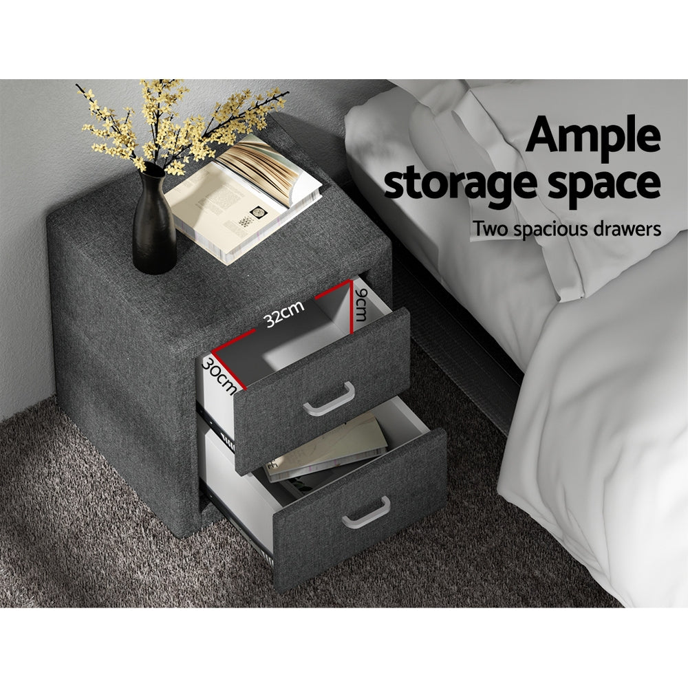 Kildonan Fabric Bedside Tables with 2 Drawers - Grey