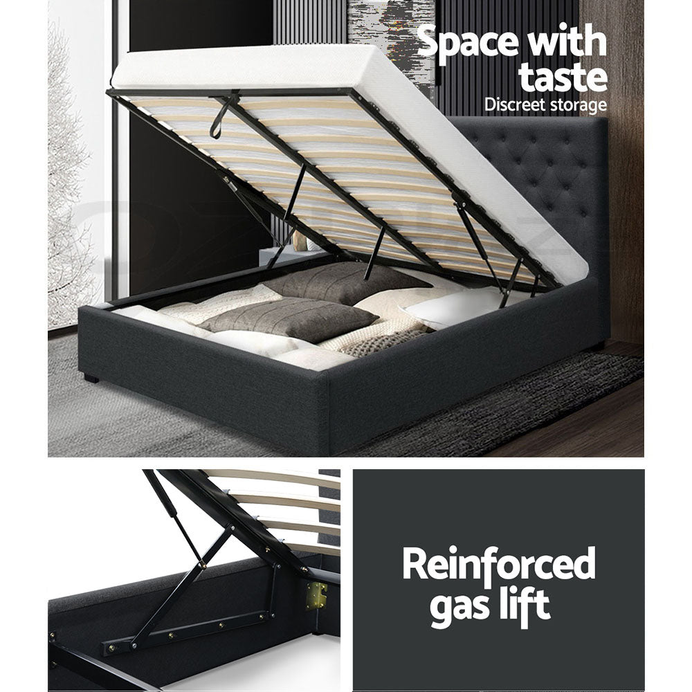 Madison Charcoal Bed Frame Fabric Gas Lift Storage - Charcoal Double