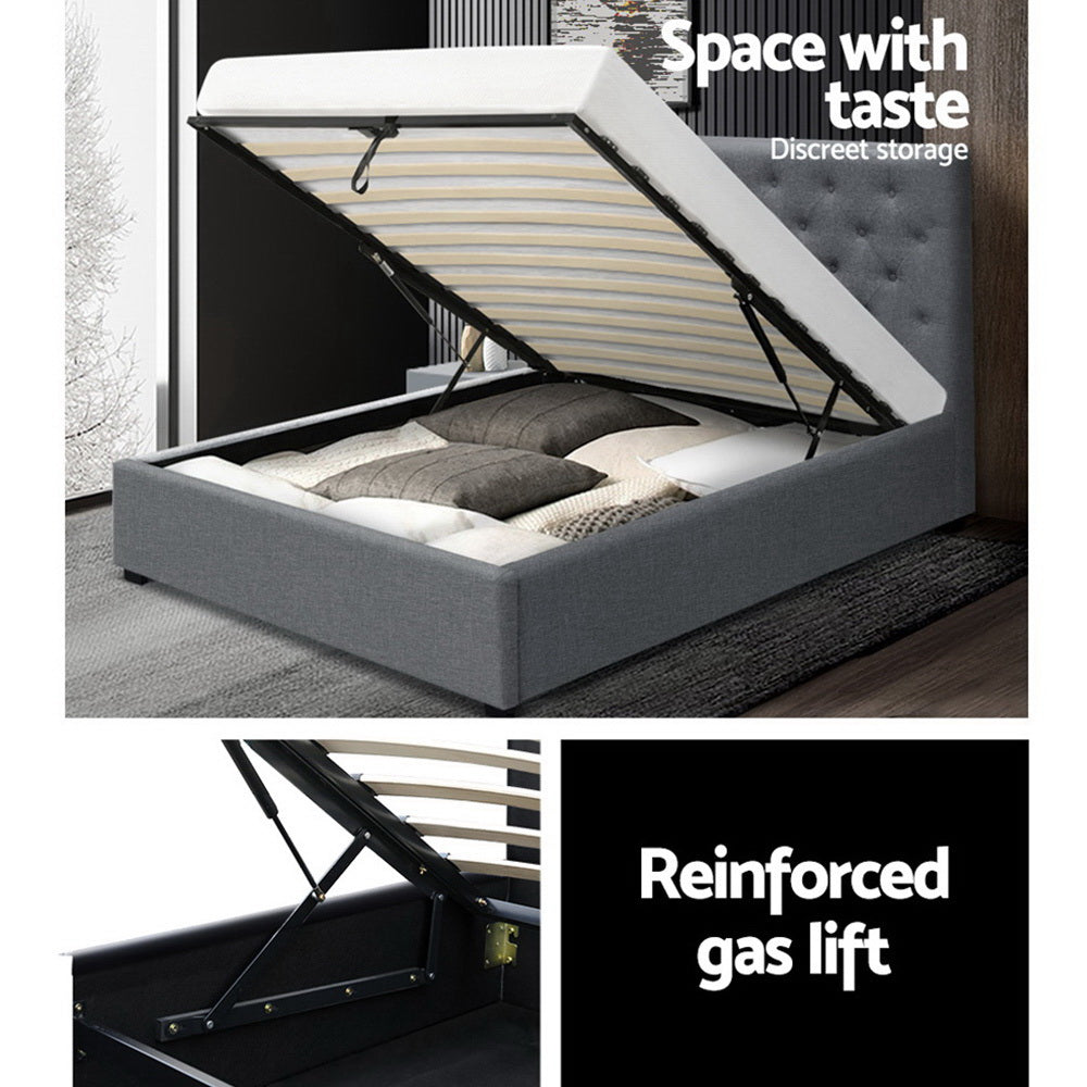 Madison Bed Frame Fabric Gas Lift Storage - Grey King Single