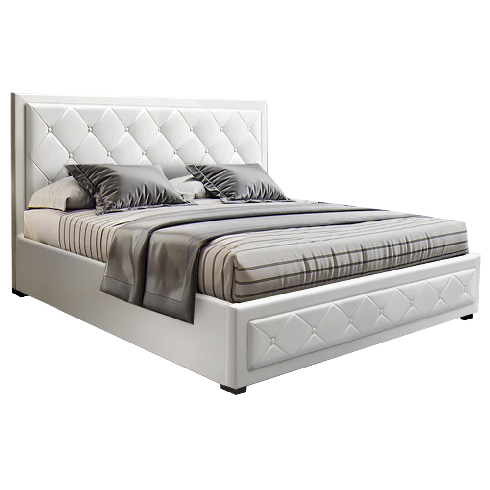 Savannah Bed Frame PU Leather Gas Lift Storage - White Queen