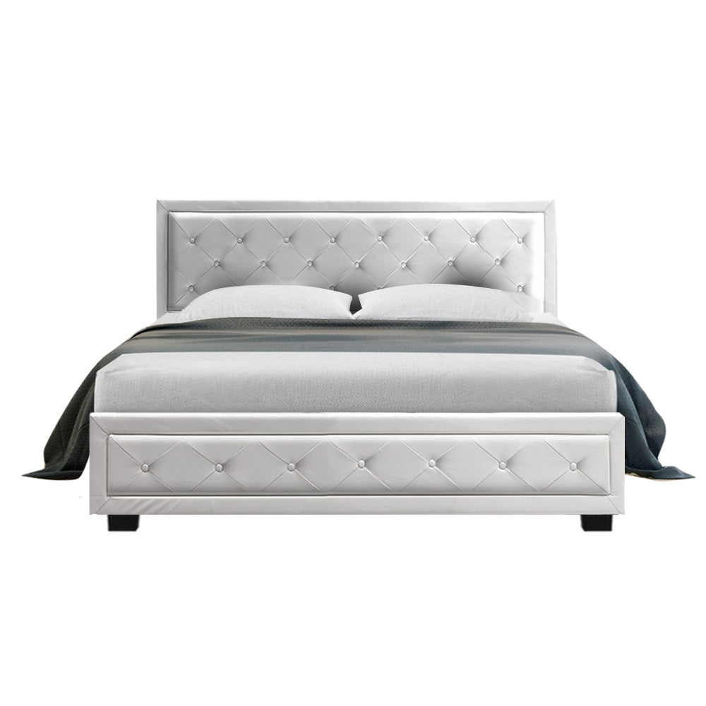 Savannah Bed Frame PU Leather Gas Lift Storage - White Queen