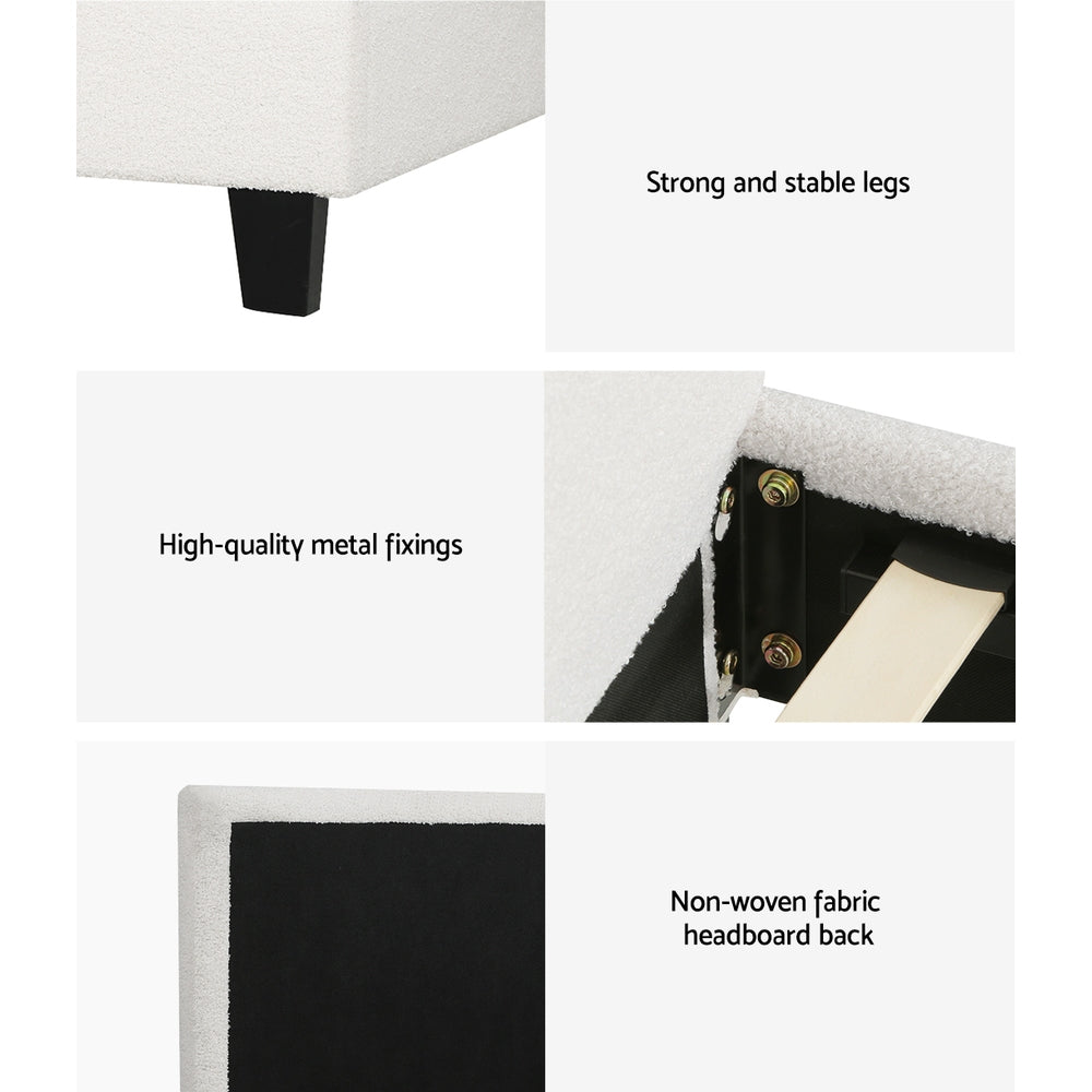 Sean Bed Frame Boucle Fabric Base Platform Wooden - White King Single