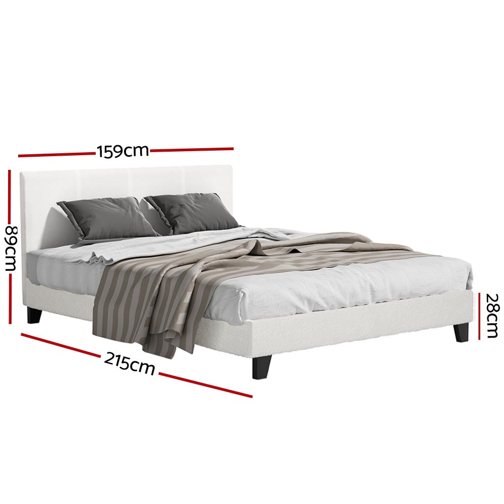 Sean Bed Frame Boucle Fabric Base Platform Wooden - White Queen