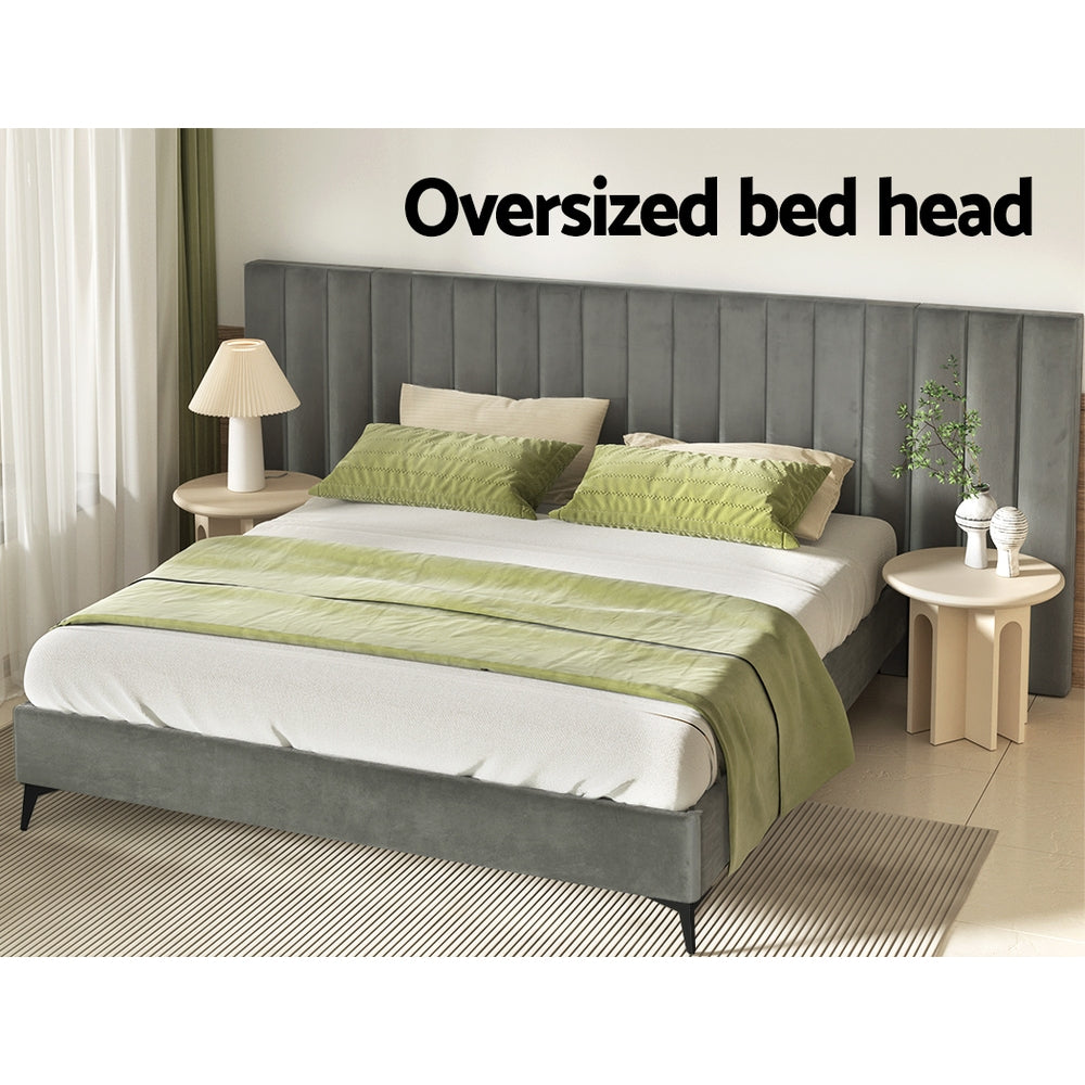 Suva Bed Frame Base with Oversized Headboard Velvet Fabric - Grey King
