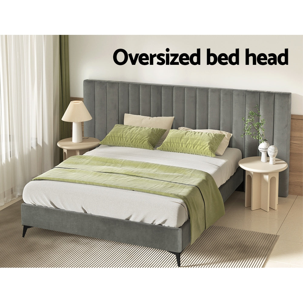 Suva Bed Frame Base with Oversized Headboard Velvet Fabric - Grey Queen