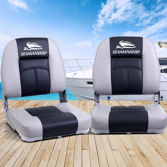 Set of 2 Folding Boat Seats Marine Swivel Low Back 10cm Padding Charcoal