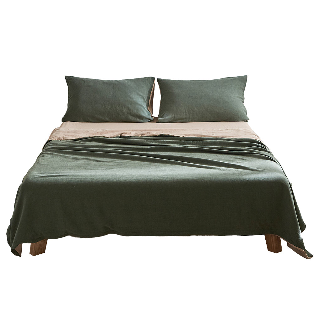 Double Cosy Club Cotton Bed Sheets Set Green Beige Cover