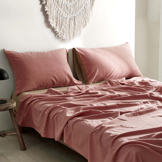 DOUBLE Washed Cotton Sheet Set - Pink & Brown