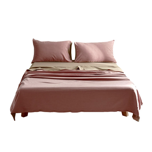SINGLE Washed Cotton Sheet Set - Pink & Brown