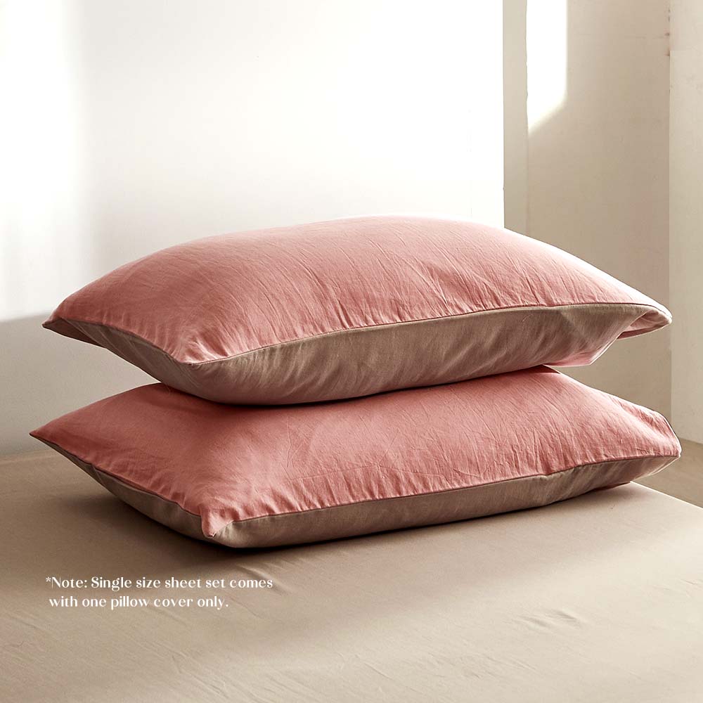 SINGLE Washed Cotton Sheet Set - Pink & Brown