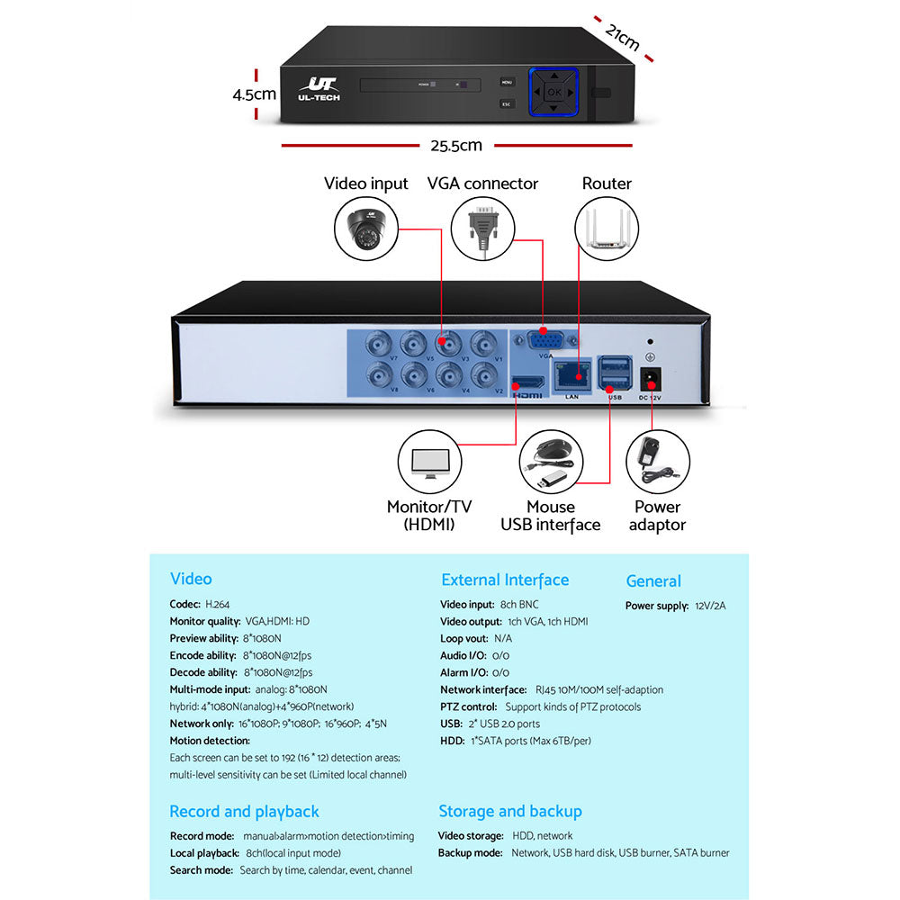 CCTV Security System 8CH DVR 4 Cameras 1080p