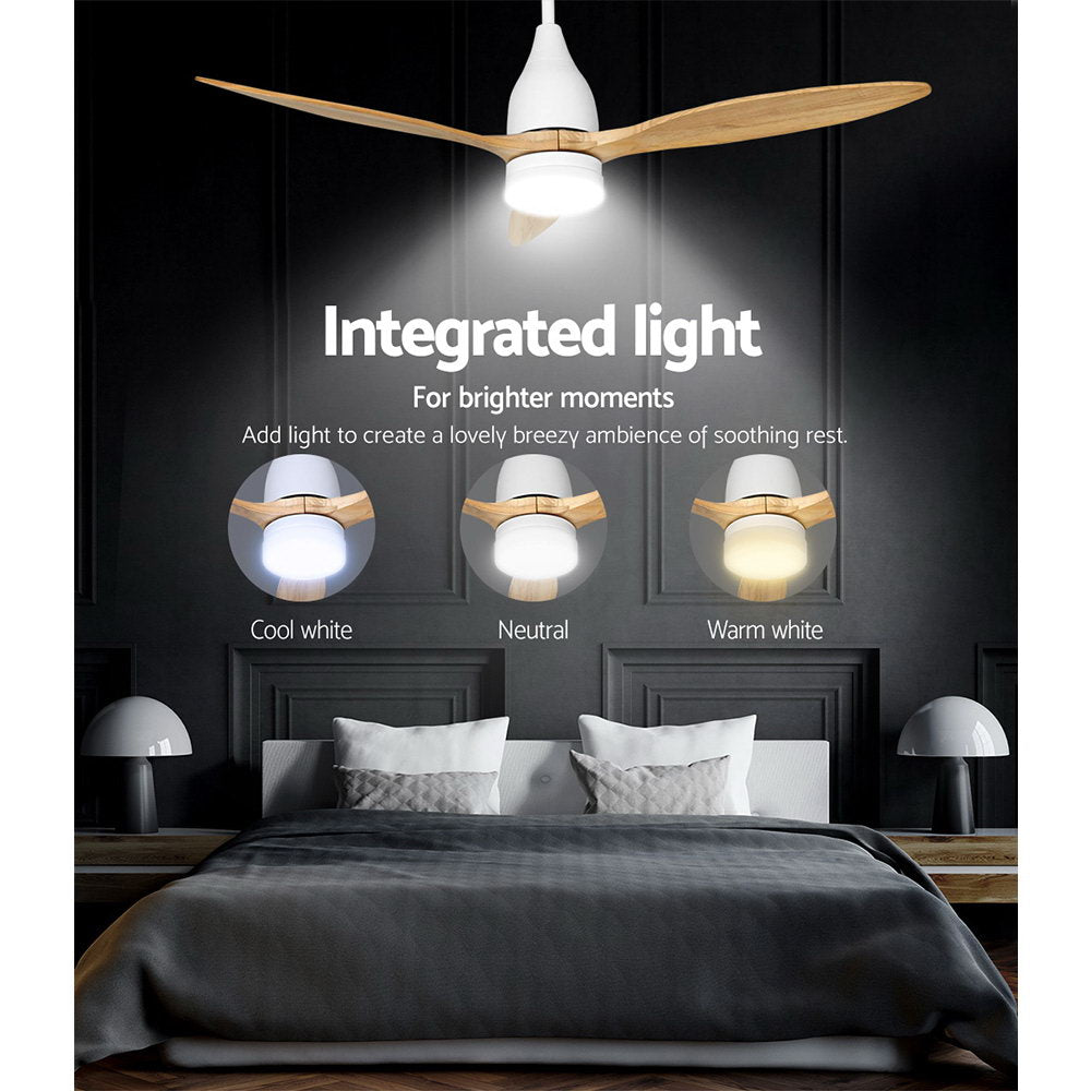 52'' Ceiling Fan LED Light Remote Control Wooden Blades Timer 1300mm