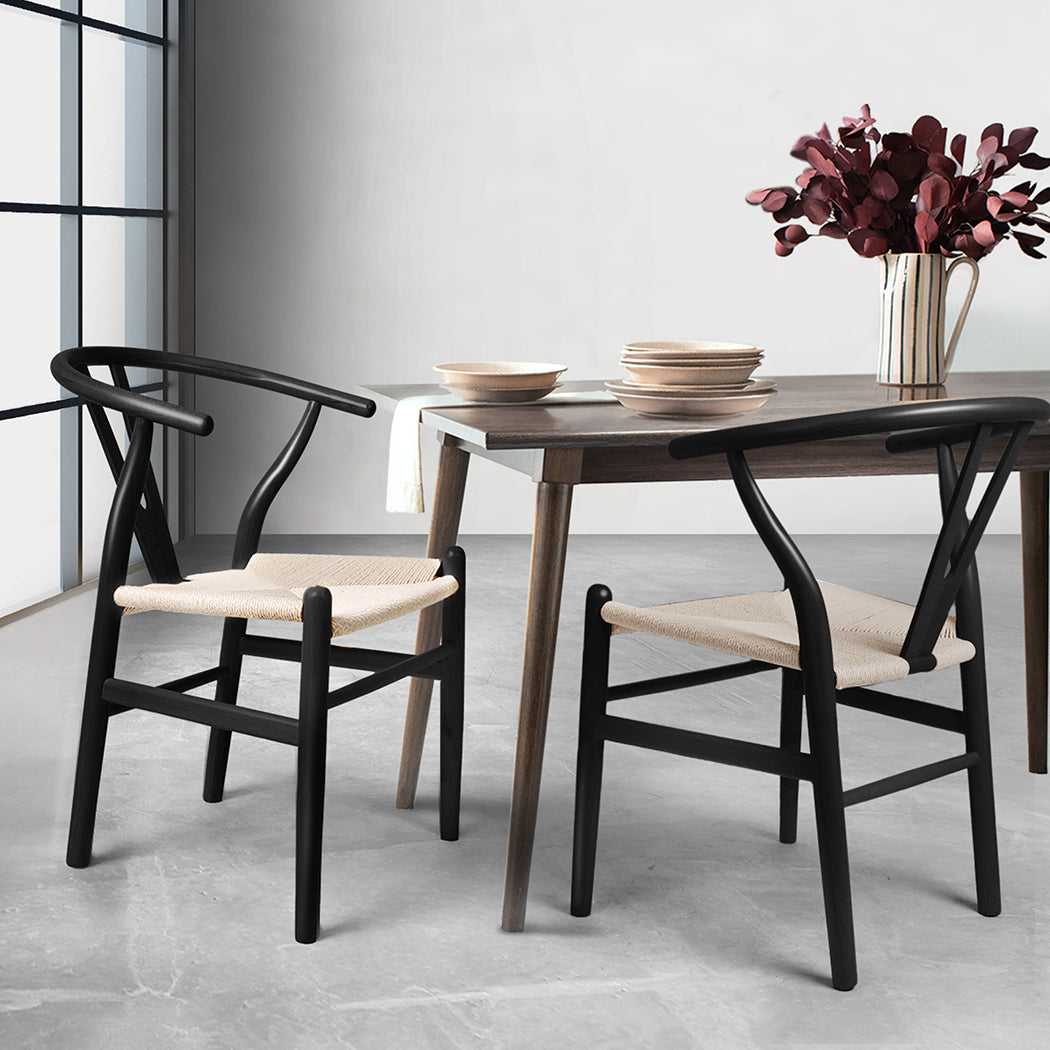 Jett Set of 2 Dining Chairs Wooden Hans Wegner Wishbone Cafe Lounge Seat - Black