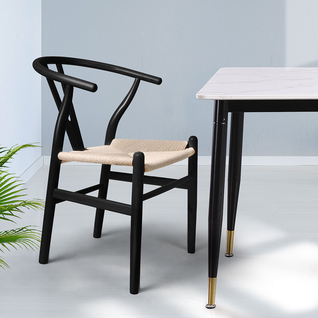 Jett Set of 2 Dining Chairs Wooden Hans Wegner Wishbone Cafe Lounge Seat - Black