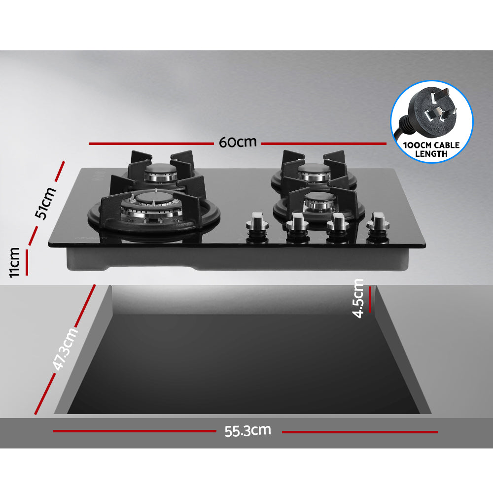 Gas Cooktop 60cm 4 Burner Black