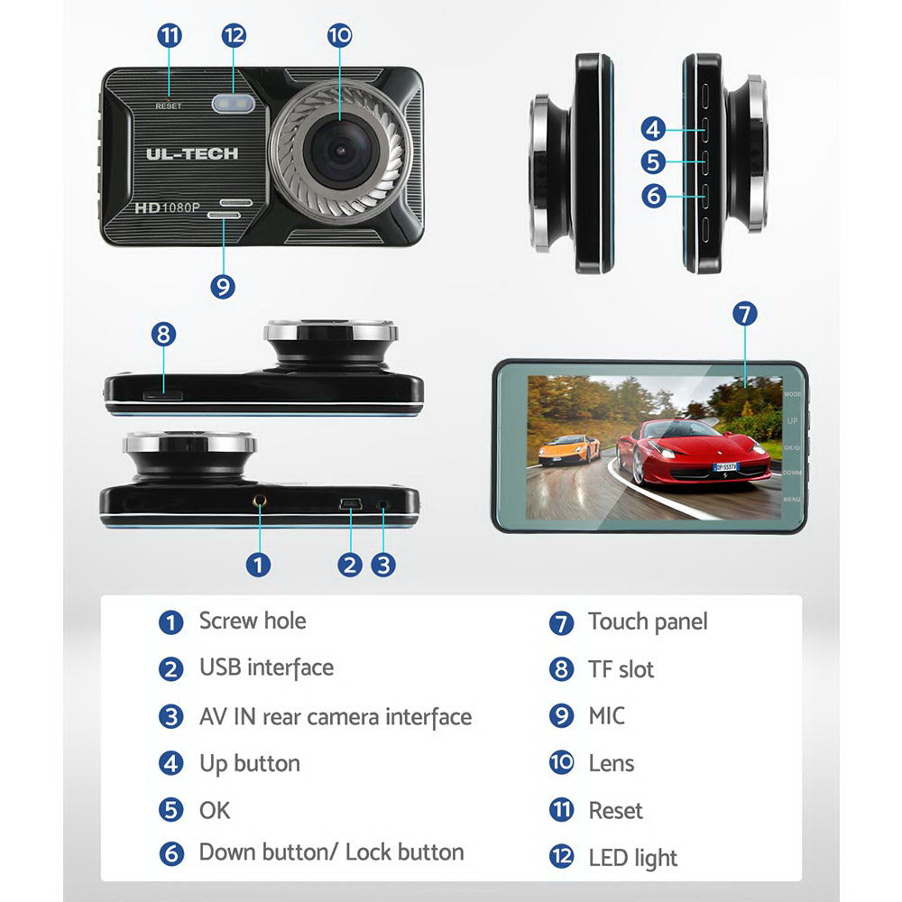 Dash Camera 1080P 4" Front Rear Cam, Dash Camera 1080P 4" Front Rear View Dual Cam Car DVR Reverse Recorder