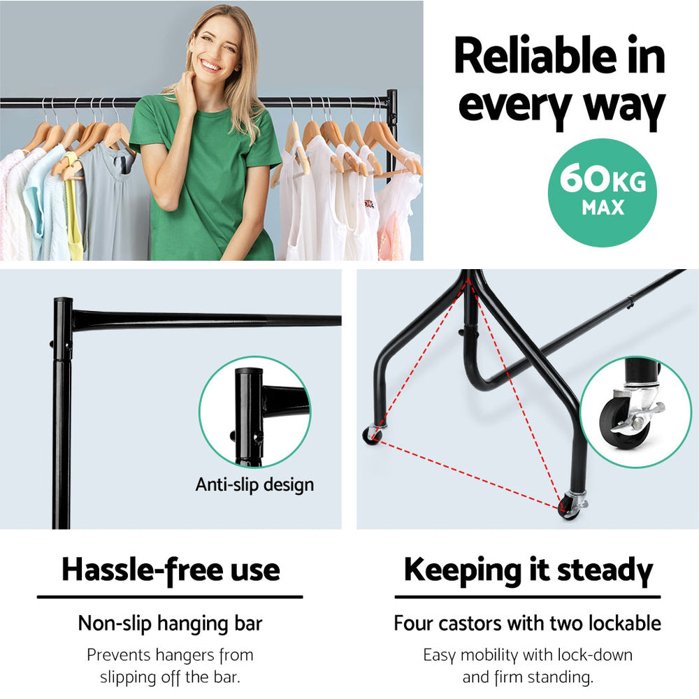 Clothes Rack Airer Coat Stand 6FT Rail with Wheels