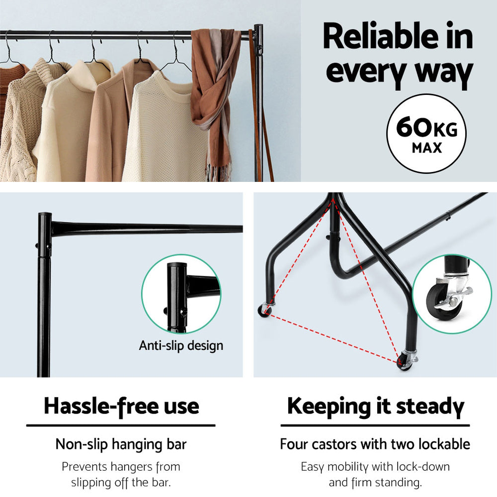 Set of 2 Clothes Rack Airer Coat Stand 6FT Rail with Wheels