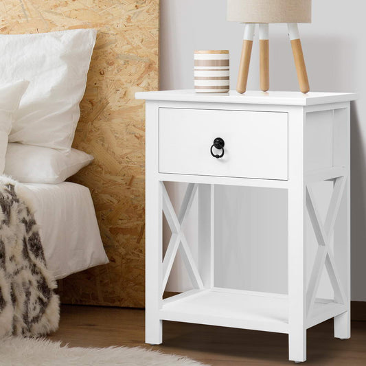 Set of 2 Bonavista MDF Paulownia Wood Bedside Tables Side Table Nightstand Lamp Chest Unit Cabinet - White