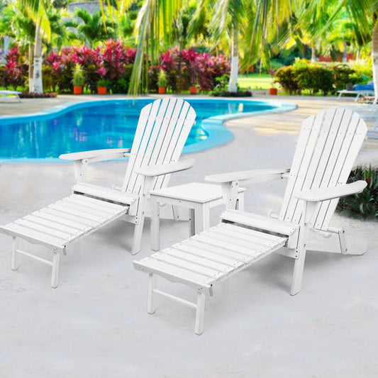 Keaton 3-Piece Adirondack Outdoor Sun Lounge Beach Chair Furniture Patio Garden - White