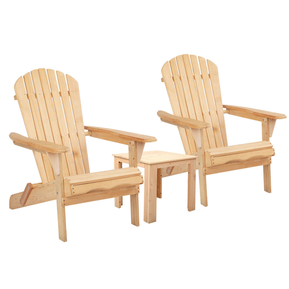 Adirondack Gardeon 3PC Outdoor Table and Chairs Wooden Foldable Beach Chair Natural