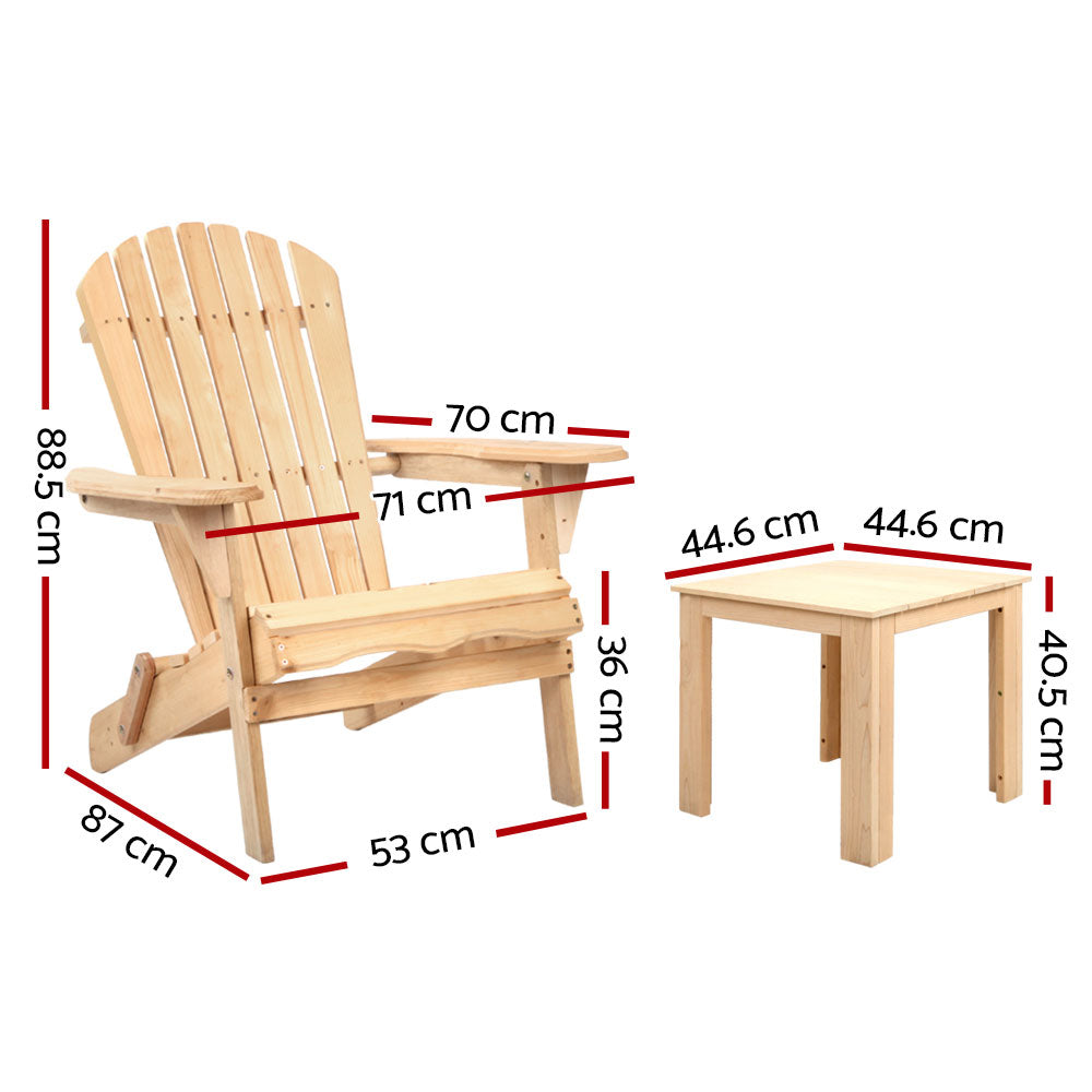 Adirondack Gardeon 3PC Outdoor Table and Chairs Wooden Foldable Beach Chair Natural