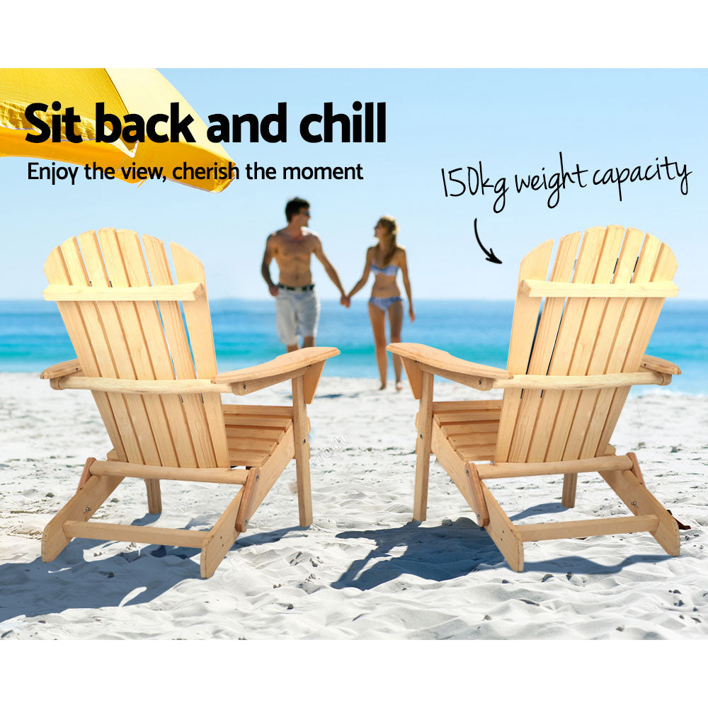 Adirondack Gardeon 3PC Outdoor Table and Chairs Wooden Foldable Beach Chair Natural