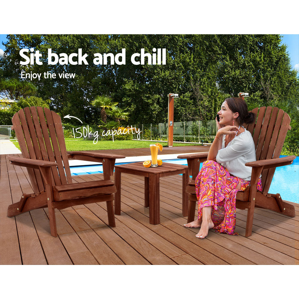 Hugh 3-Piece Adirondack Outdoor Beach Chair Furniture Patio Garden - Brown