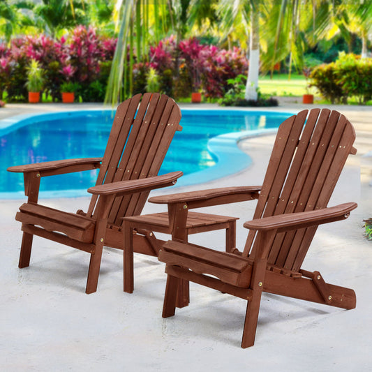 Hugh 3-Piece Adirondack Outdoor Beach Chair Furniture Patio Garden - Brown