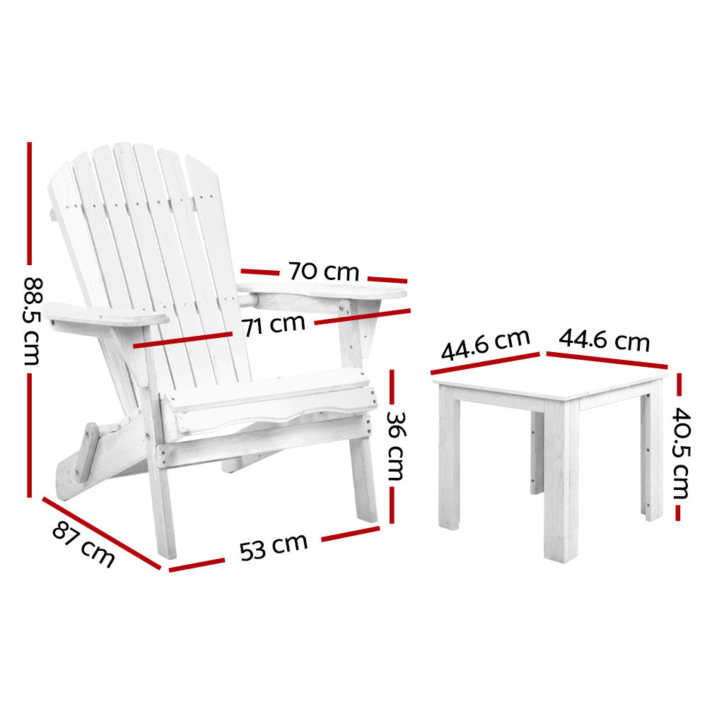 Hugh 3-Piece Adirondack Outdoor Beach Chair Furniture Patio Garden - White
