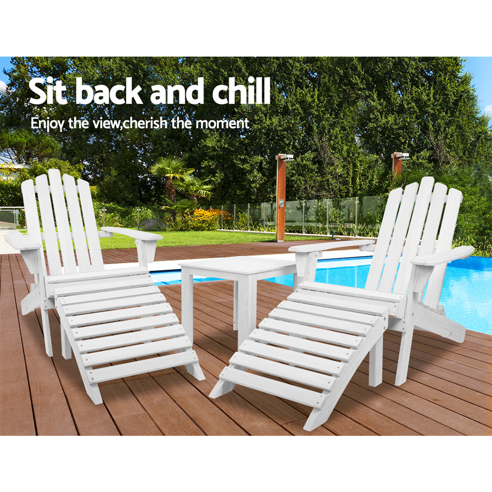 Epworth 3-Piece Adirondack Outdoor Sun Lounge Beach Chairs Table Setting Wooden Patio Chair - White