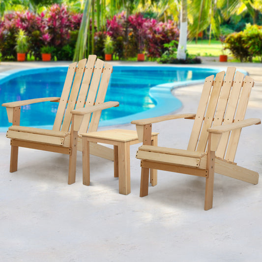 Hendon 3-Piece Adirondack Outdoor Beach Wooden Chairs Patio Chair & Table Set - Natural Wood